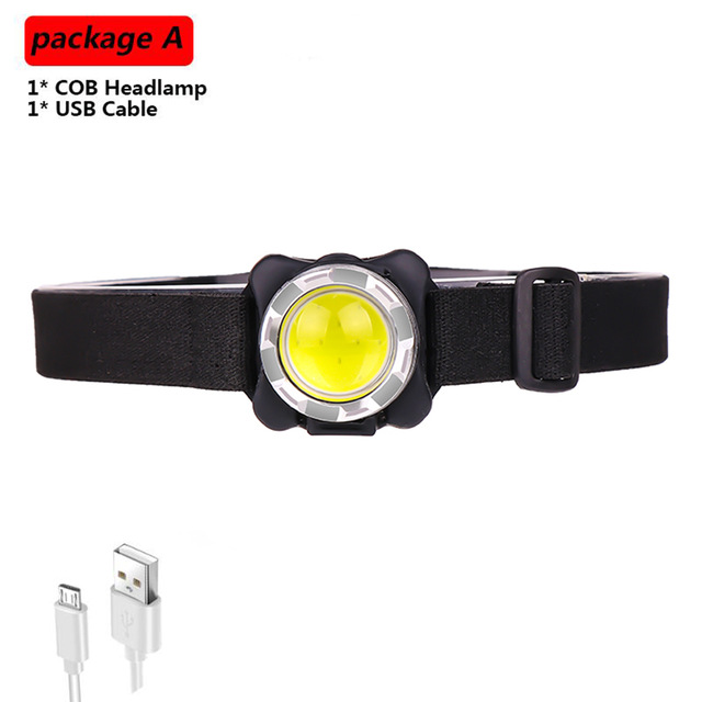 Brightest Headlamp USB Headlight COB LED Head Lamp Rechargeable Head Light Waterproof with Built-in Battery White Red Lighting: Package   A / Black