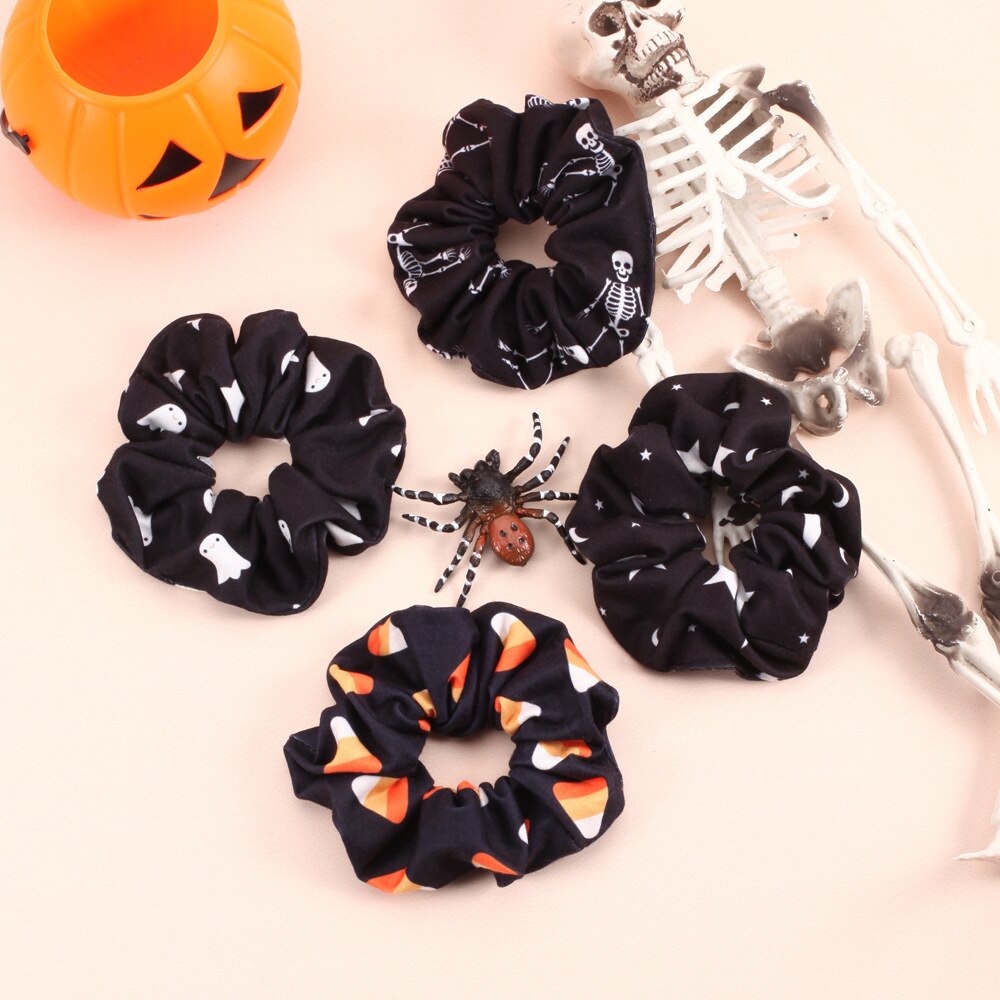 2PK Halloween Spooky Scrunchies Haaraccessoires Voor Vrouwen Meisje Schedel Elastische Hair Tie Paardenstaart Houder Rubber Haarband