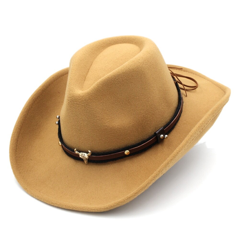 Mistdawn Unisex Wol Blend Western Cowboy Fedora Cap Brede Rand Sombrero Godfather Cap Kerk Caps Jazz Hoed Tauren Lederen Band: Khaki