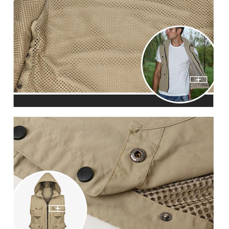 Quick Drying Photography Reporter Vest For Male Removable Back Multi Pockets Hooded Waistcoat Hiking Fishing Jackets Size L-XXXL