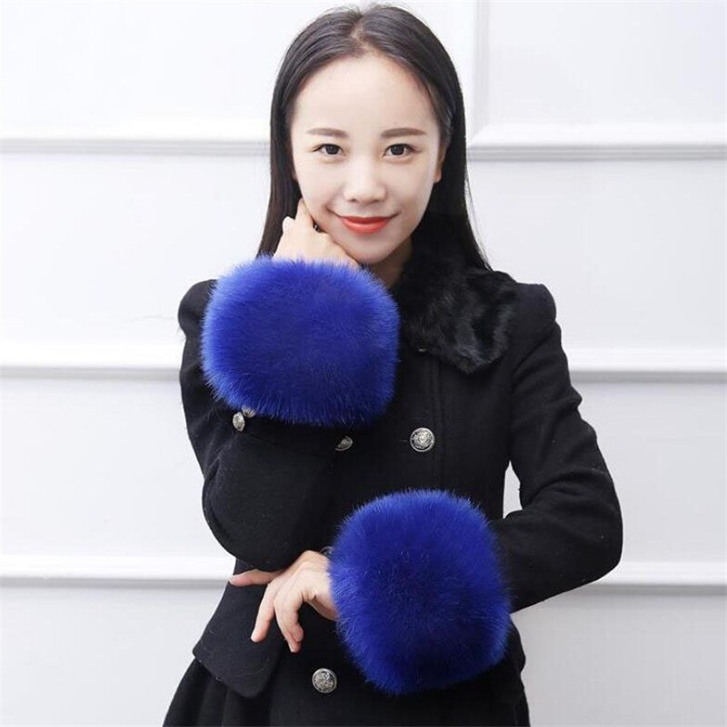 Manchette en fausse fourrure de renard de pour femmes, chauffe-bras, mignon, décor, hiver, automne, manches courtes, solide, W108: Royal Blue