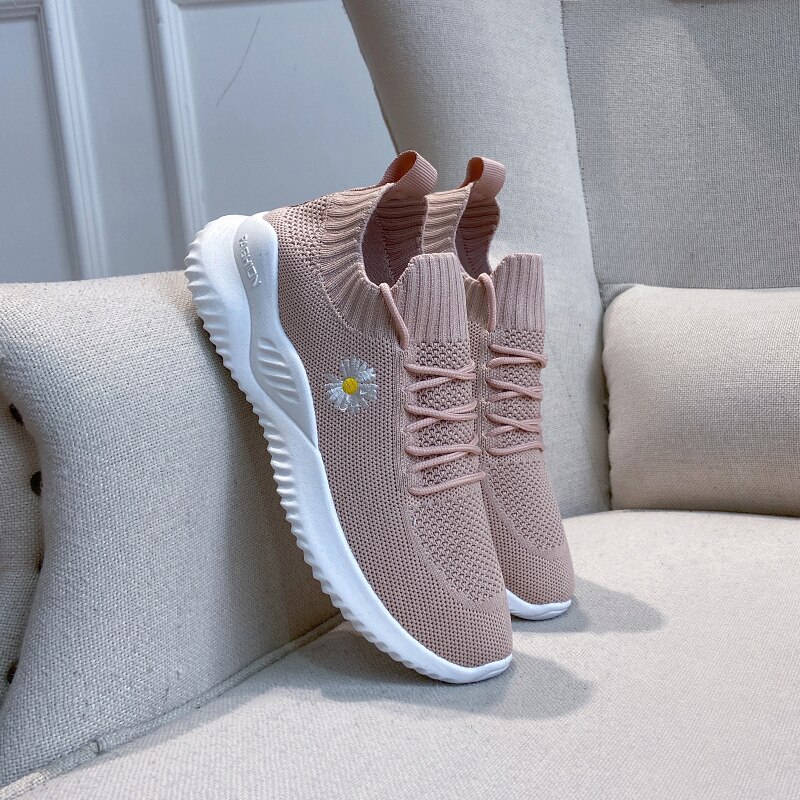Damesneakers letvægtssok sko fritidsbroderi åndbar mesh løbesko hvid
