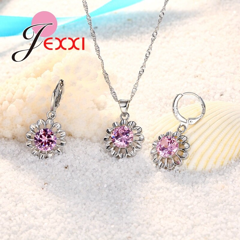 Zonnebloem Eeuwige Liefde 925 Sterling Zilveren Sieraden Set Voor Bruiloft Crystal Maxi Ketting Oorbellen Set Voor Vrouwen Bijoux