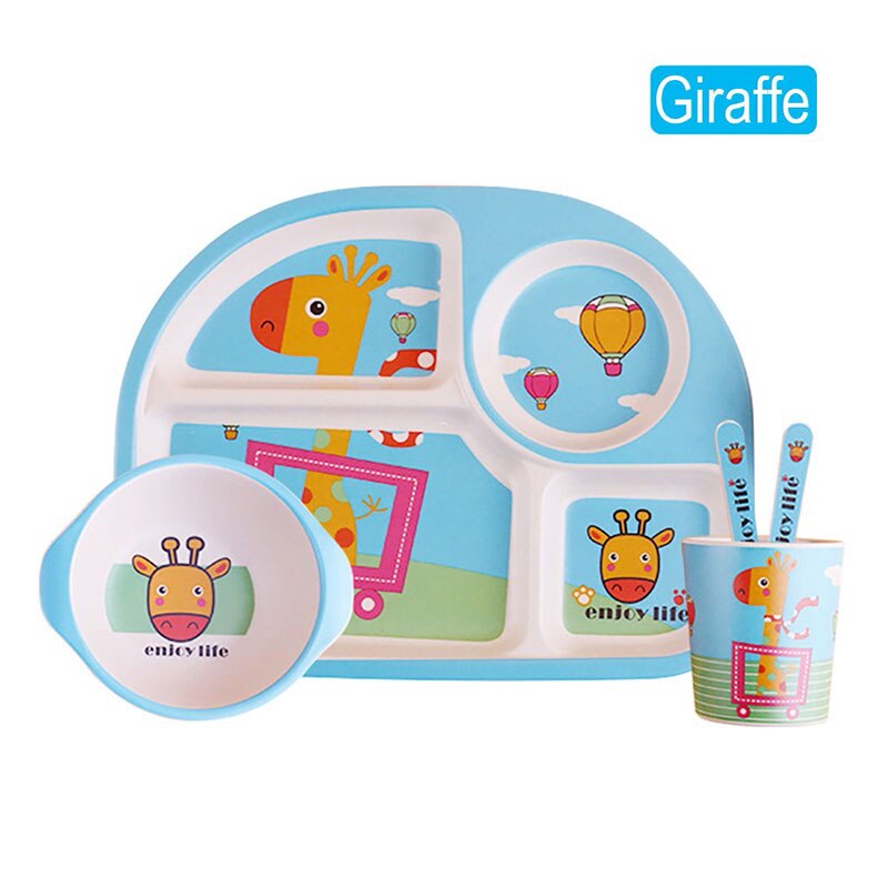 Baby Bamboe Voerbak Bpa Gratis Gerechten Vork Lepel Cup 5Pcs Serviesje Fad Kinderen Servies Kids Scheiding Voeden plaat: Deep Blue