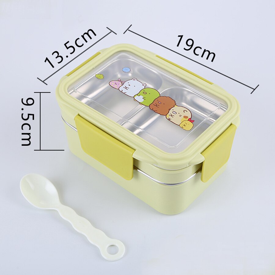 Draagbare Roestvrij Staal Lunchbox Dubbele Laag Cartoon Voedsel Container Doos Magnetron Bento Box Voor Kinderen Kinderen Picknick School: Yellow