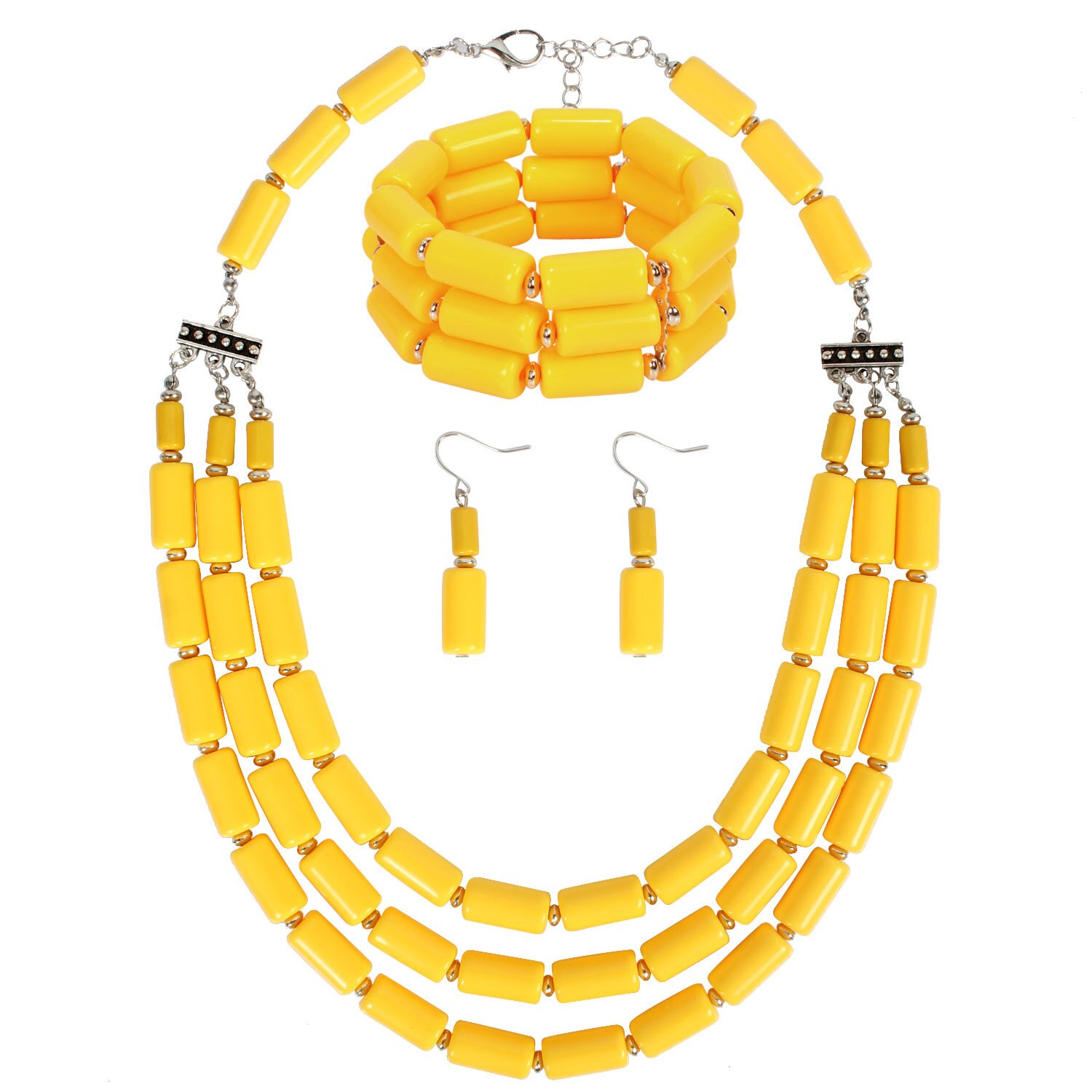 Een Set 3rows Orange Coral/Paars/Groen/Blauw Acryl Kralen Ketting/Armband/Oorbellen: Goud-kleur