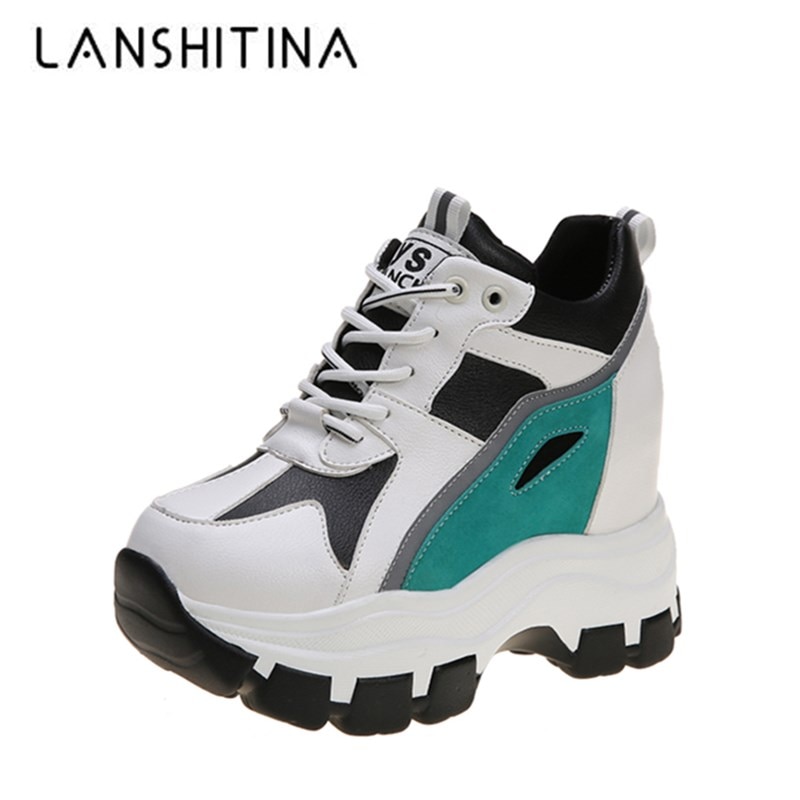 Våren skjult hæl dame joggesko høy plattform fritidssko blonder -up 8cm kvinner pustende kilesko zapatos mujer