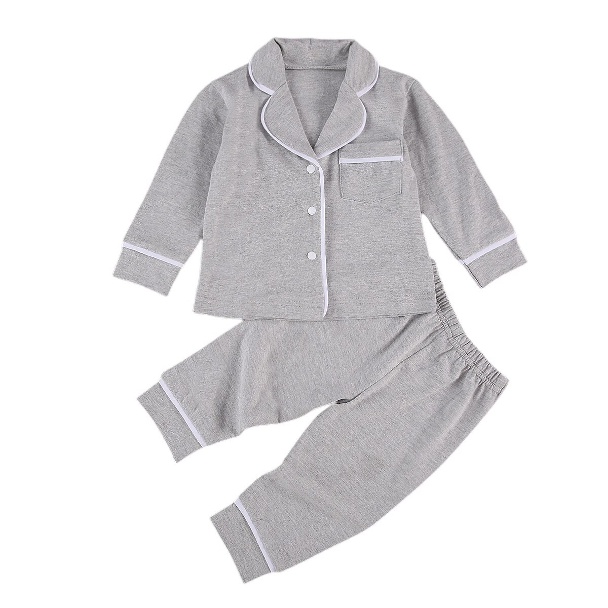 Kleinkind freundlicher Baby Mädchen Jungen 2Stck 100% Baumwolle Schlafanzug setzt Langarm Jacke Hemd Hosen Feste Nachtwäsche 6M-5Y: Grau / 18M