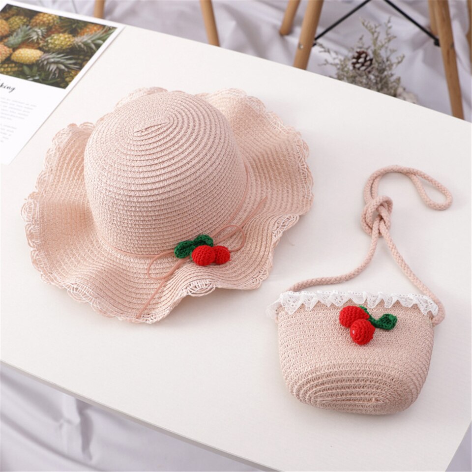 Baby Outdoor Sunscreen Straw Hat Straw Bag Set Cute Cherry Decoration Photography Fisherman Cap Lace Side Shoulder Straw Bag