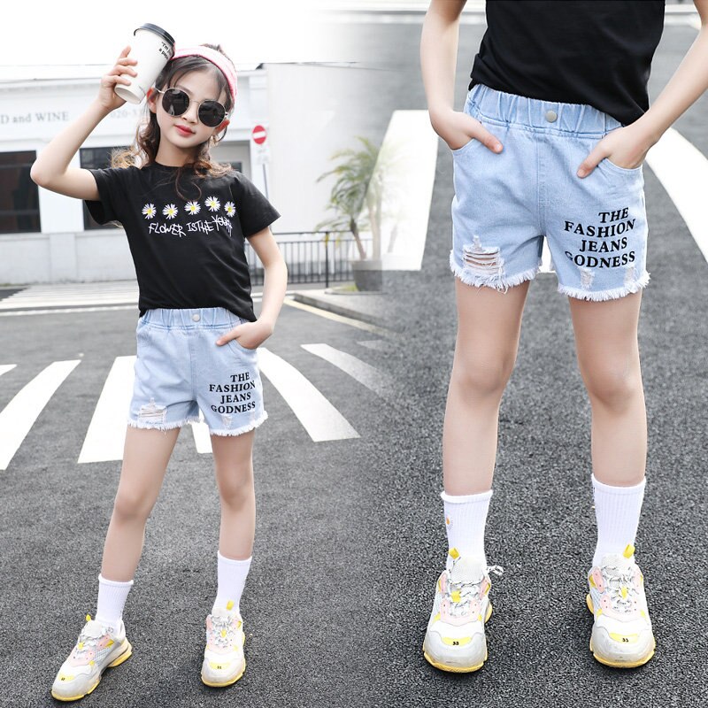 4-13 Year Old Girls Jeans Shorts Summer Girl Short Pants for Kids Ripped Jeans for Children Denim Shorts Letter Print