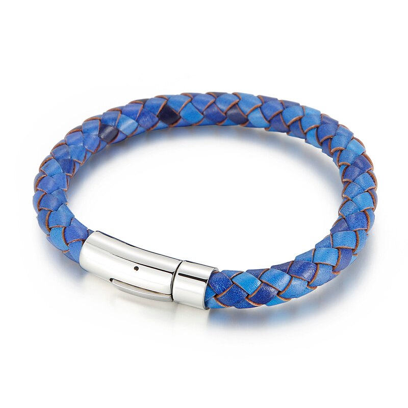 Handgemaakte Sieraden Heren Rvs Sluiting Bruin Blauwe Kleur 8Mm Lederen Koord Gevlochten Armband 215Mm