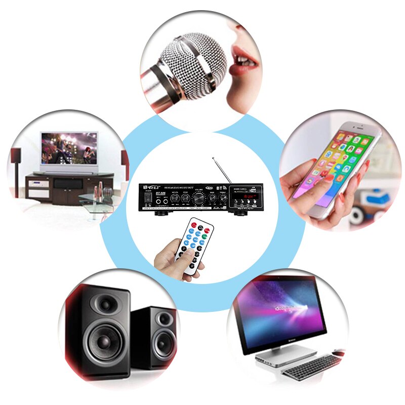 Wireless bluetooth Power Amplifier Dual Channel Sound Audio Stereo Receiver USB SD AUX MIC FM Radio DC12V/AC220V For Home/Car