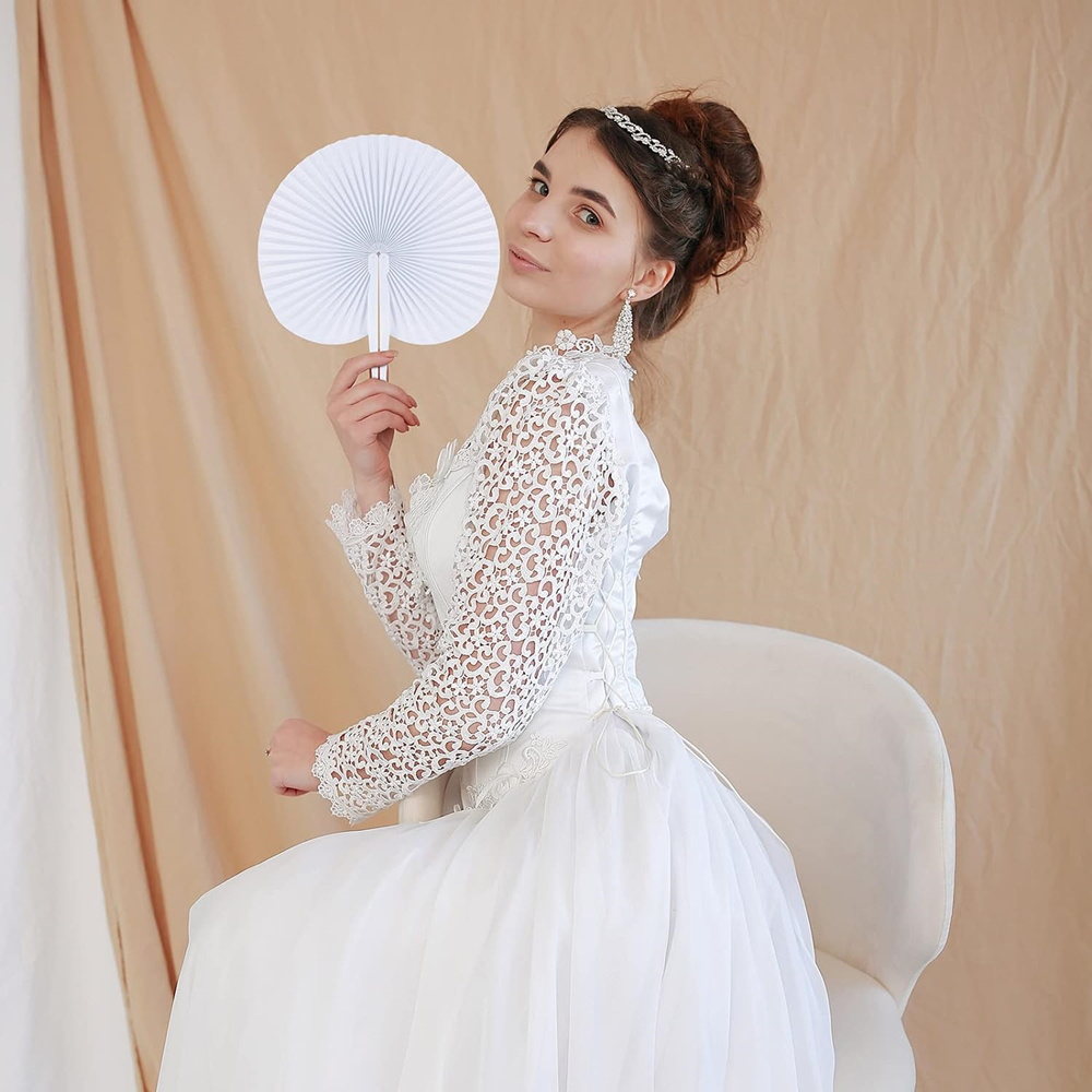 12pçs leques de papel redondos em forma de pêssego branco para crianças, presentes de aniversário, festa de casamento, lembranças, presentes de dama de honra, decoração de casa