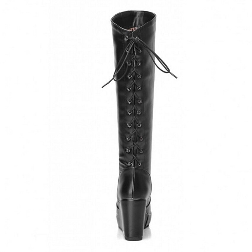 ! Black White Red Leather Lace Up High Heel Platform Knee High Winter Autumn Girl Lady Females Womens Wedge Boots X834