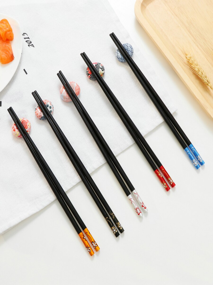 5 par japońskie pałeczki zestaw z pudełkiem zmywarka bezpieczne wielokrotnego użytku chińskie koreańskie pałeczki ze stopu z włókna szklanego robić żywności Sushi: Floral Multi