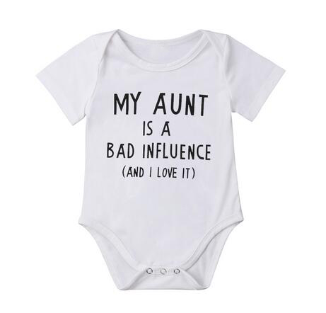 Zomer baby rompertjes mijn tante heeft een slechte invloed (en ik vind het geweldig) letterprint baby jongen meisje onesie peuter romper jumpsuit: Wit / 12-18m
