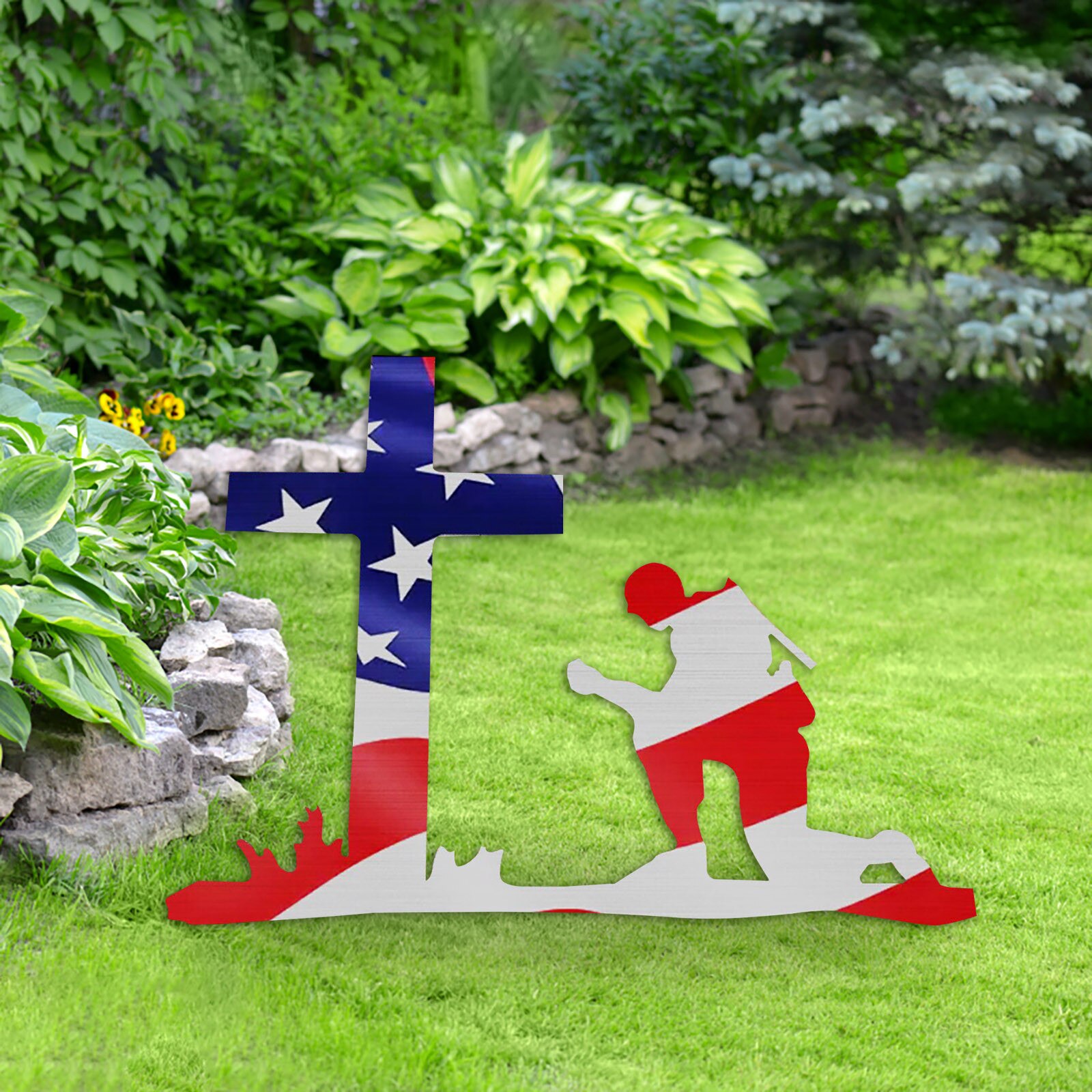 American Cross Kneeling Soldier Weathered Sign Plastic Splicing Diy Art Decoration Landscaping Decorative Spinners