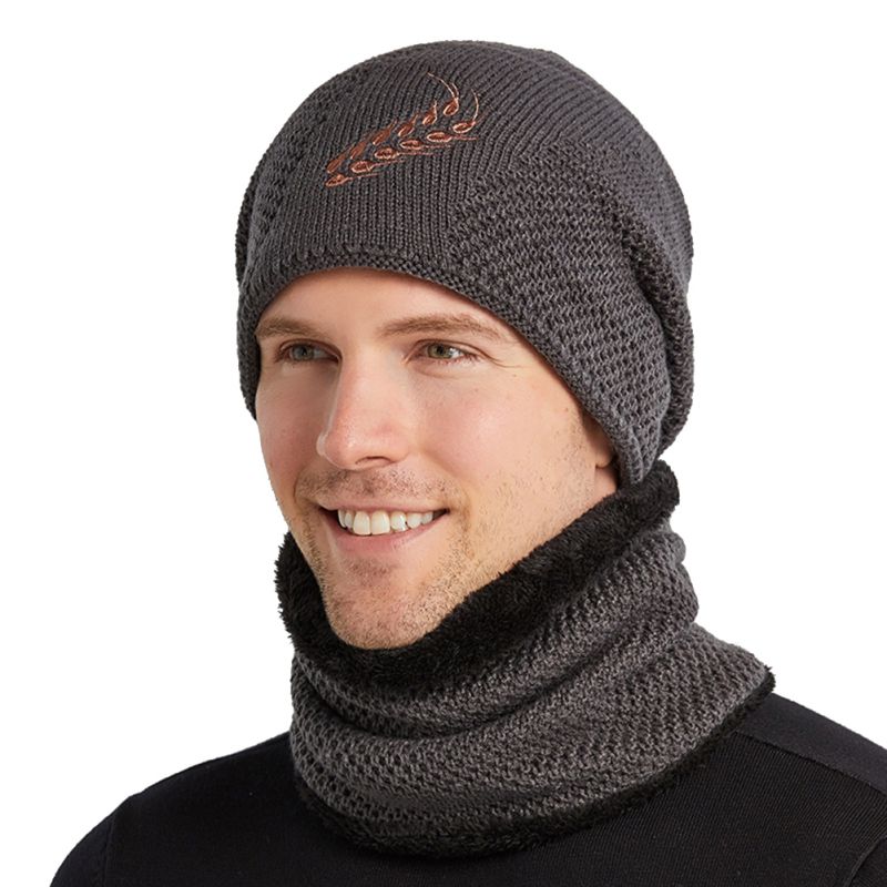 Gorro de punto para hombre de Otoño Invierno, conjunto de bufanda, gorro más cálido, grueso, térmico, mullido, cálido gorro de senderismo, gorros, gorro: gray