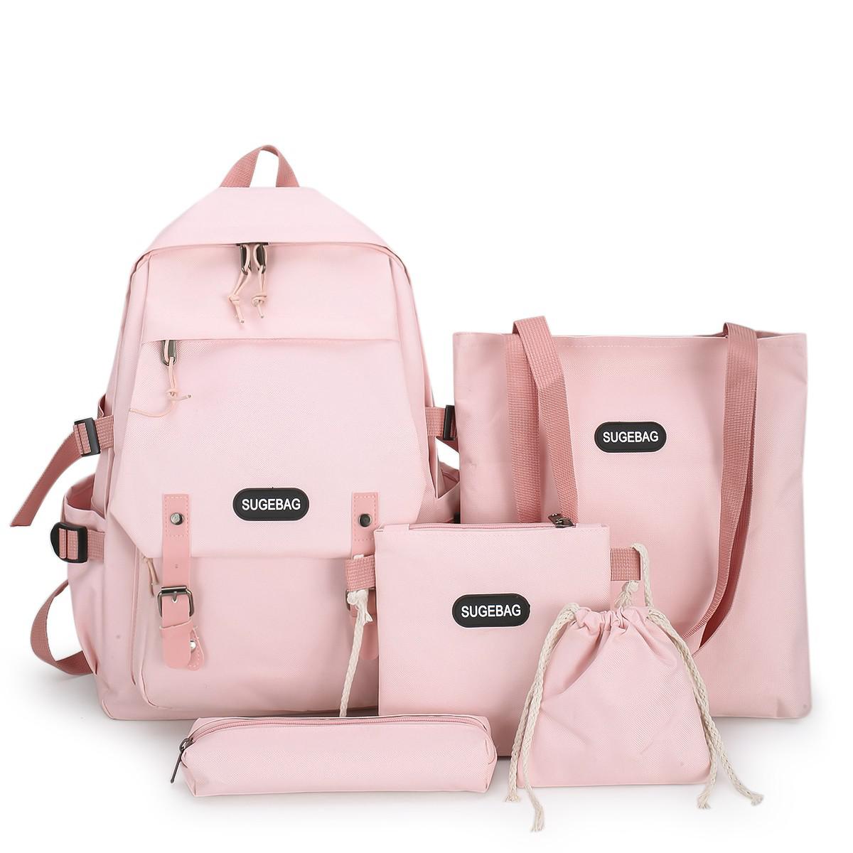 Conjunto de 5 mochilas informales para adolescentes y mujeres, morrales escolares de lona para viaje, bolso de hombro para estudiantes: Rosa