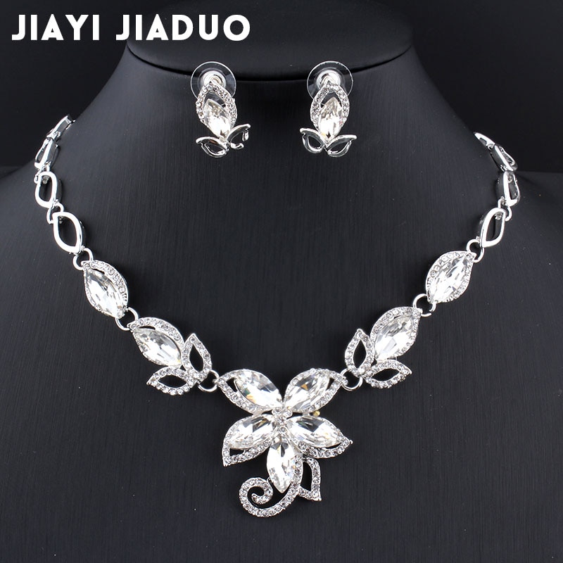 Jiayijiaduo , conjuntos de joyería para mujeres, boda para novias, accesorios de boda, color plata, dije de flor, conjunto de collar de cristal