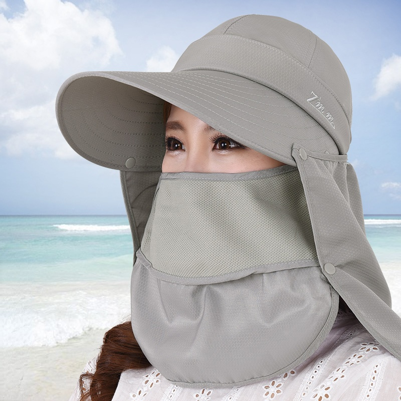 Sun hat female summer face protection sun hat cover face anti-ultraviolet sun hat big edge cycling face protection neck cap: Gray