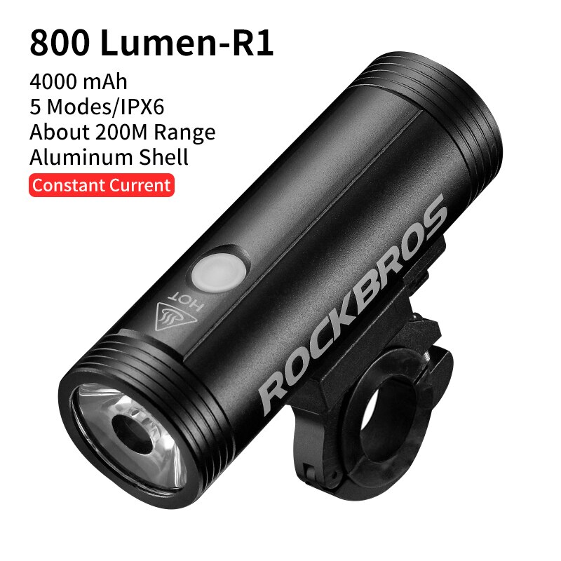 ROCKBROS-Luz LED delantera y trasera para bicicleta, faro trasero para ciclismo de montaña, con USB, 400/800/1000LM: R1-800 Lumen