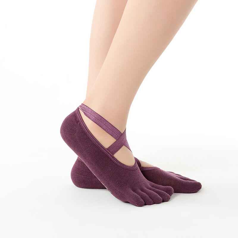 Chaussettes de Yoga antidérapantes à séchage rapide pour femmes, chaussettes de basket-ball Pilates, bonne adhérence pour hommes et femmes, chaussettes à orteils en coton doux: Full finger PURPLE