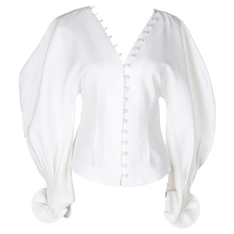 Chiquever branco minimalista blusa para mulher decote em v lanterna manga longa fino elegante blusas casuais femininas roupas de moda outono: L