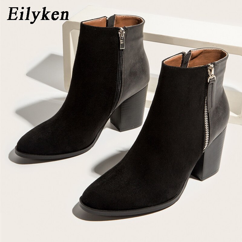 Bottes de cowboy pour femme - Talon bloc épais - Fermeture éclair latérale - Bottes de cowgirl - Bottes d'équitation courtes en cuir, AA - Noir, 8