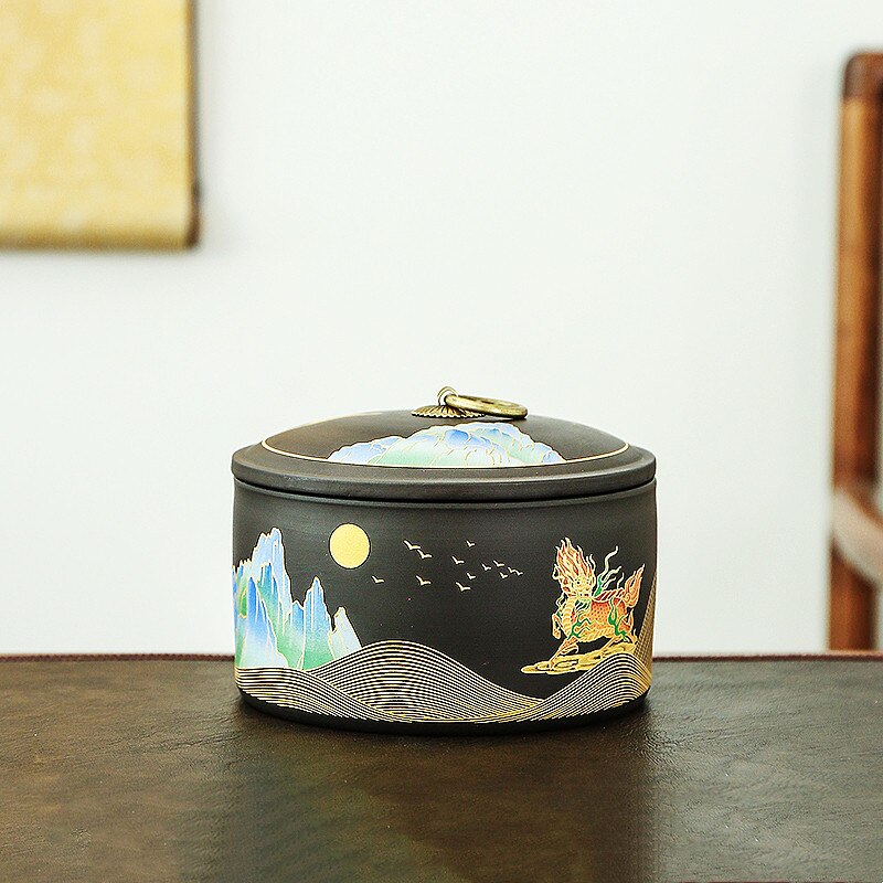 Hand Geschilderde Landschap Schilderen Paarse Klei Thee Caddy Opslagtank Reizen Theezakje Verzegeld Thee Pot Koffie Organizer Bus: B