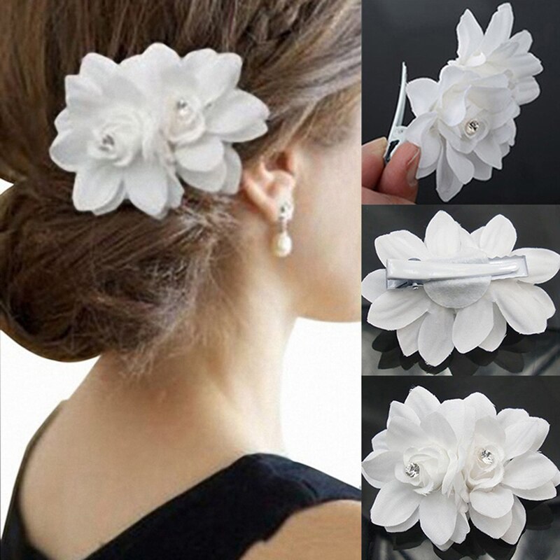 Women White Crystal Flower Hair Clip Bride Wedding Clip Hair Jewelry: Default Title