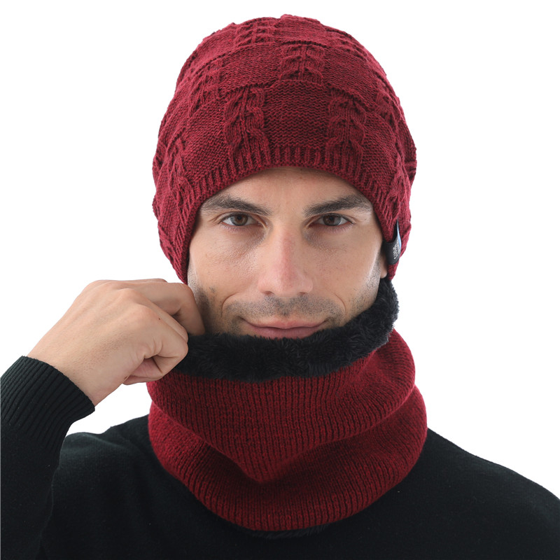 Xthree hommes bonnets hiver Skullies tricoté chapeau écharpe avec doublure laine mâle Gorras Bonnet hiver chapeaux pour hommes bonnets chapeaux: hat scarf set wine