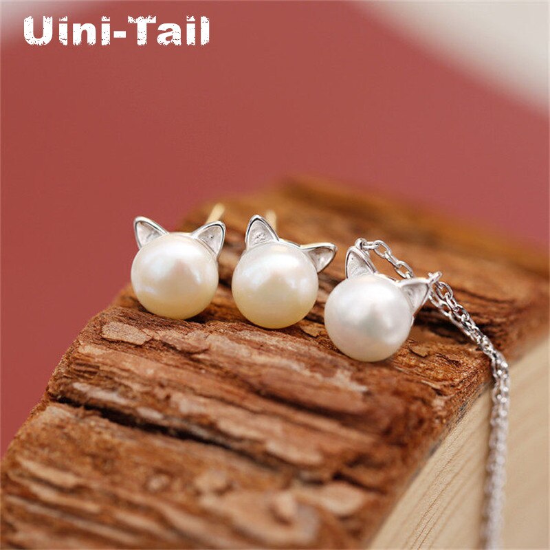 Uini-tail quente novo 925 sterling silver cat cabeça artificial pérola colar coreano meninas doce selvagem bonito de alta qualidade jóias gn872