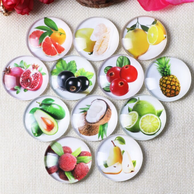 Different Styles fruite glass mosaic craft tiles glass Mosaic Printed Picture Glass Half Round Dome Cabochons Tiles: 2 / 30mm 15pcs