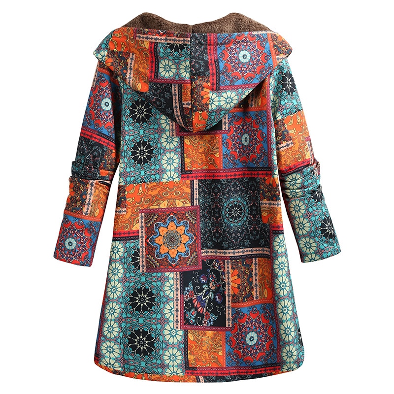 5xl plus size parkaer kvinner vintage løs hettefrakk med blomstertrykt fleeceknappet vinter varm parka langfrakk yttertøy