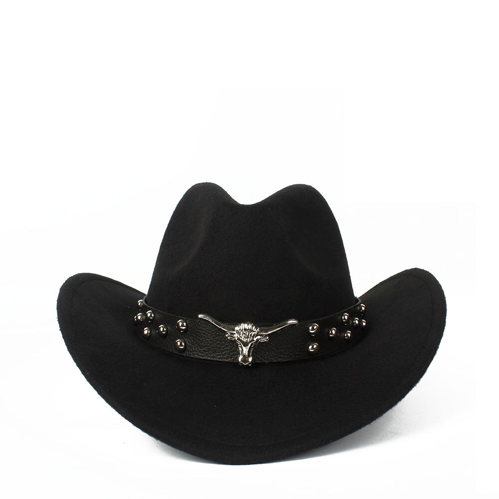 Women Men Wool Hollow Western Cowboy Hat With Tauren Belt Outback Jazz Toca Sombrero Cap Size 56-58CM: Black