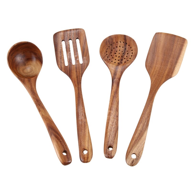 Natuurlijke houten kookgerei keukenset, antiaanbaklaag harde houten spatel en houten lepels ,4- pack