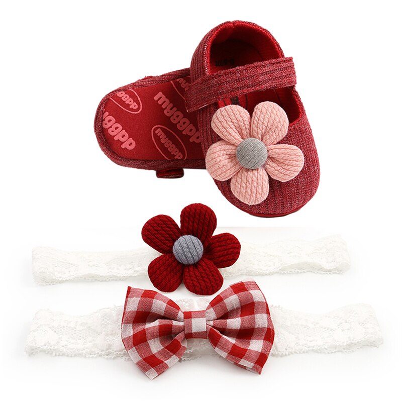 6 colors Baby Baptism Shoes and Headband Set Soft Sole Floral Mary Jane Flats and Hairbands 3 Piece Set for Infant Girls