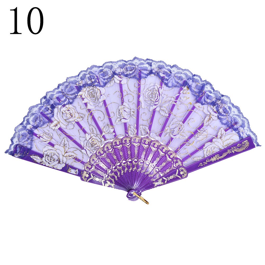 Abanicos de flores para de boda, accesorios para baile de graduación, abanico de verano de encaje de tela española de seda plegable, baile de mano en 10 colores: Purple
