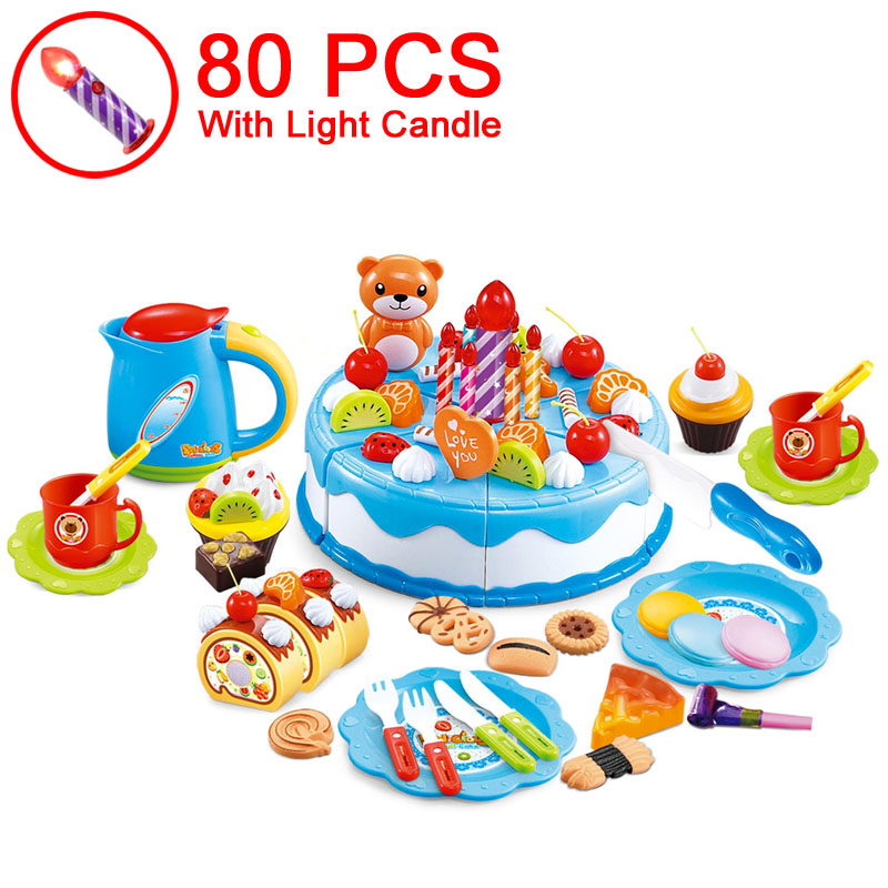 37-80PCS DIY Fruit Cutting Pretend Play Birthday Cake Girls Kitchen Food Toys Cocina De Juguete Pink Blue Toy For Children: 80 Blue With Candle