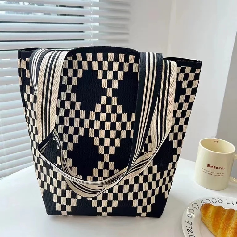 Bolso tipo cubo de punto de alta gama, bolso de hombro para mujer, bolso de de gran capacidad, estilo minimalista Neutral, fibra de poliéster: Azul marino