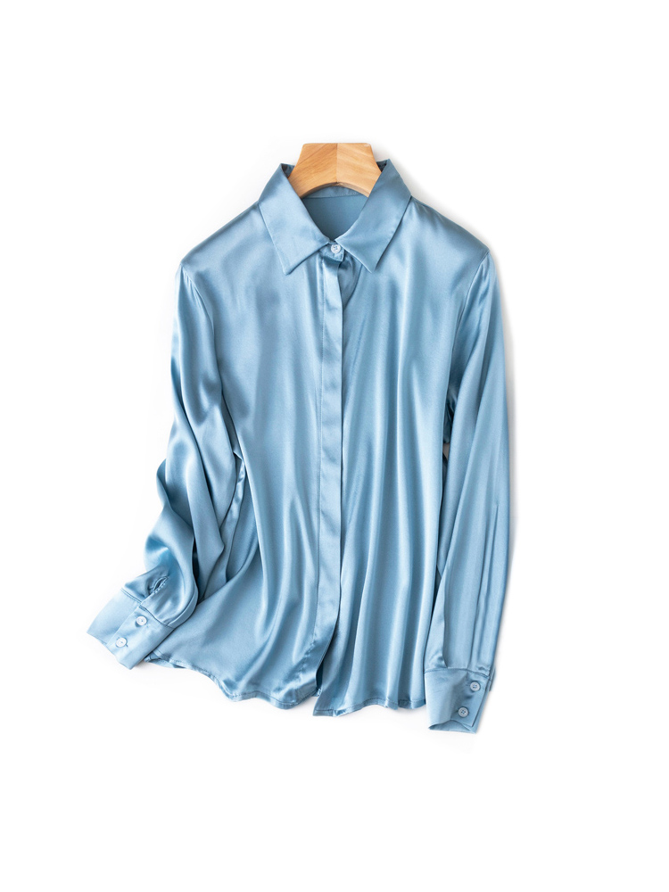 SuyaDream-camisas lisas de seda 93% auténtica para mujer, Blusa de manga larga de 7% licra, Top para oficina, primavera y otoño, 2022: L / Azul cielo