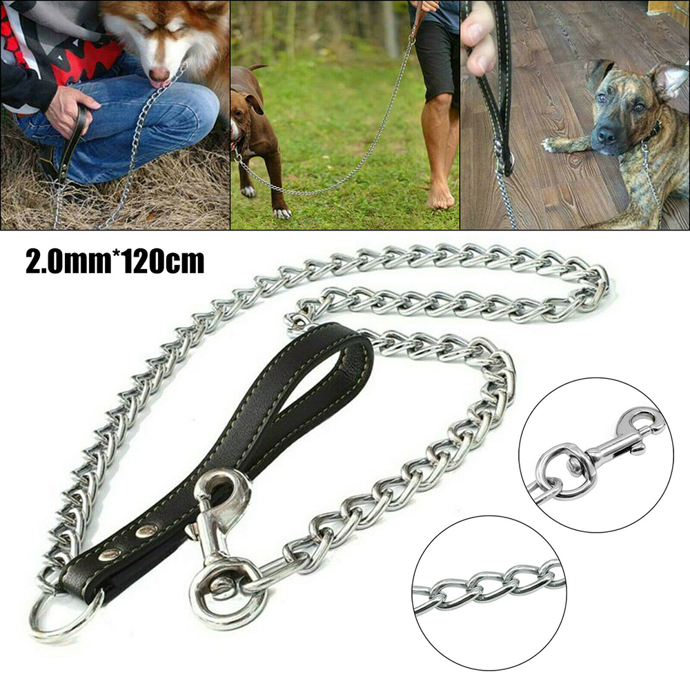 Heavy Duty Metal Chain Dog Lead With Leather Handle Long Strong Control Leash Outdoor Pet Traction Rope Anti Bite Chain