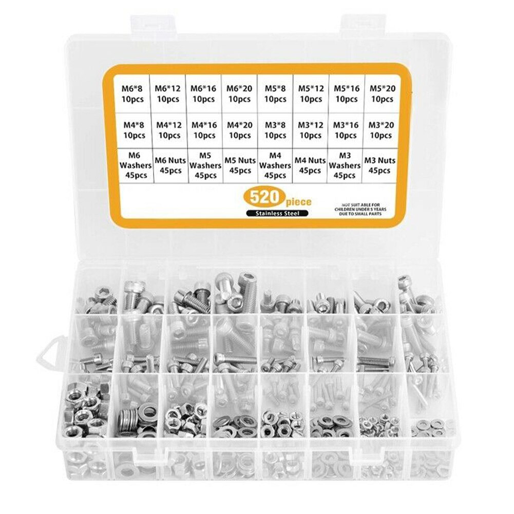 520pcs Assortment Bolts Nuts Washer Hex Socket Screws Set With Storage Box Portable Fasteners Hardware Home Head Cap