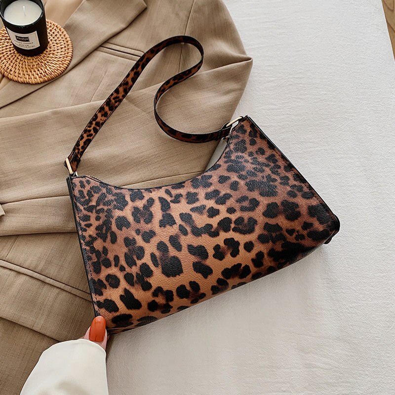 Bolso Baguette de piel sintética con estampado de cebra para mujer, pequeña con estampado de leopardo bandolera, Vintage: leopardbrown