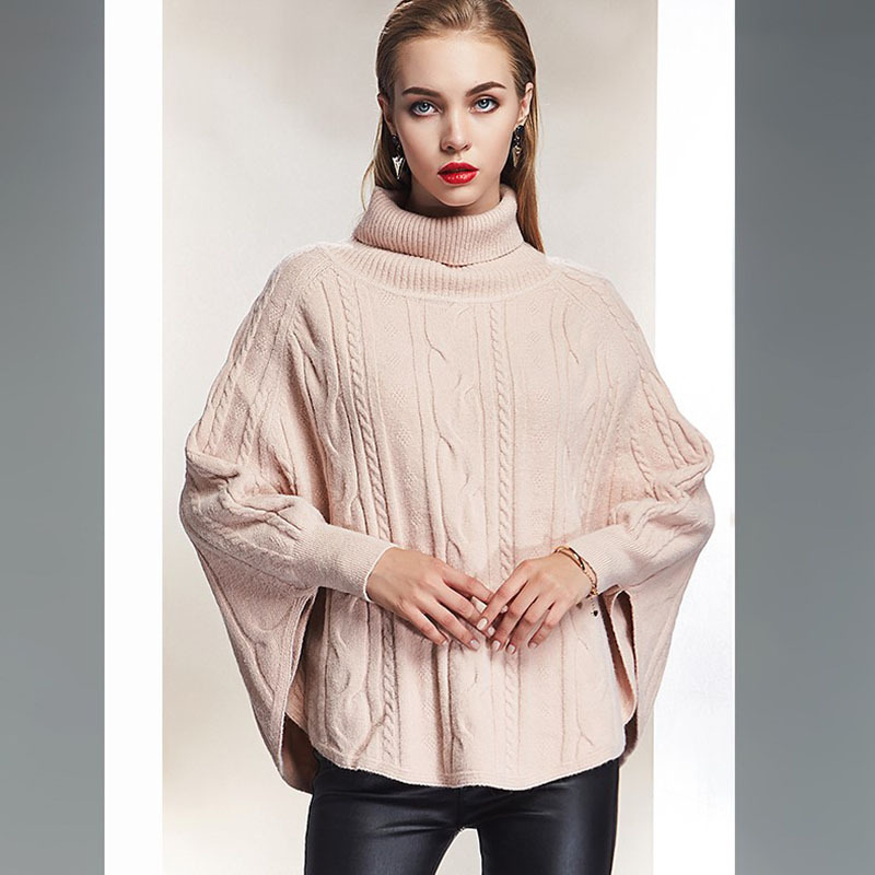 Style Turtleneck Cape Twist Cape Sweater European and American Bat Sleeve Loose Large Turtleneck Sweater Women