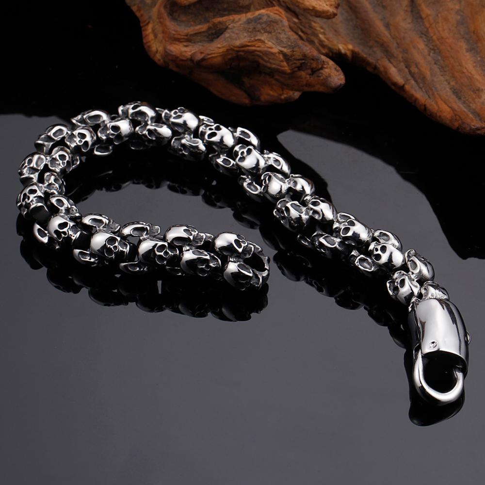 Pulseras de calavera Punk de 12mm para hombre, cadena de eslabones con dije de León y esqueleto de acero inoxidable 316L, joyería gótica masculina