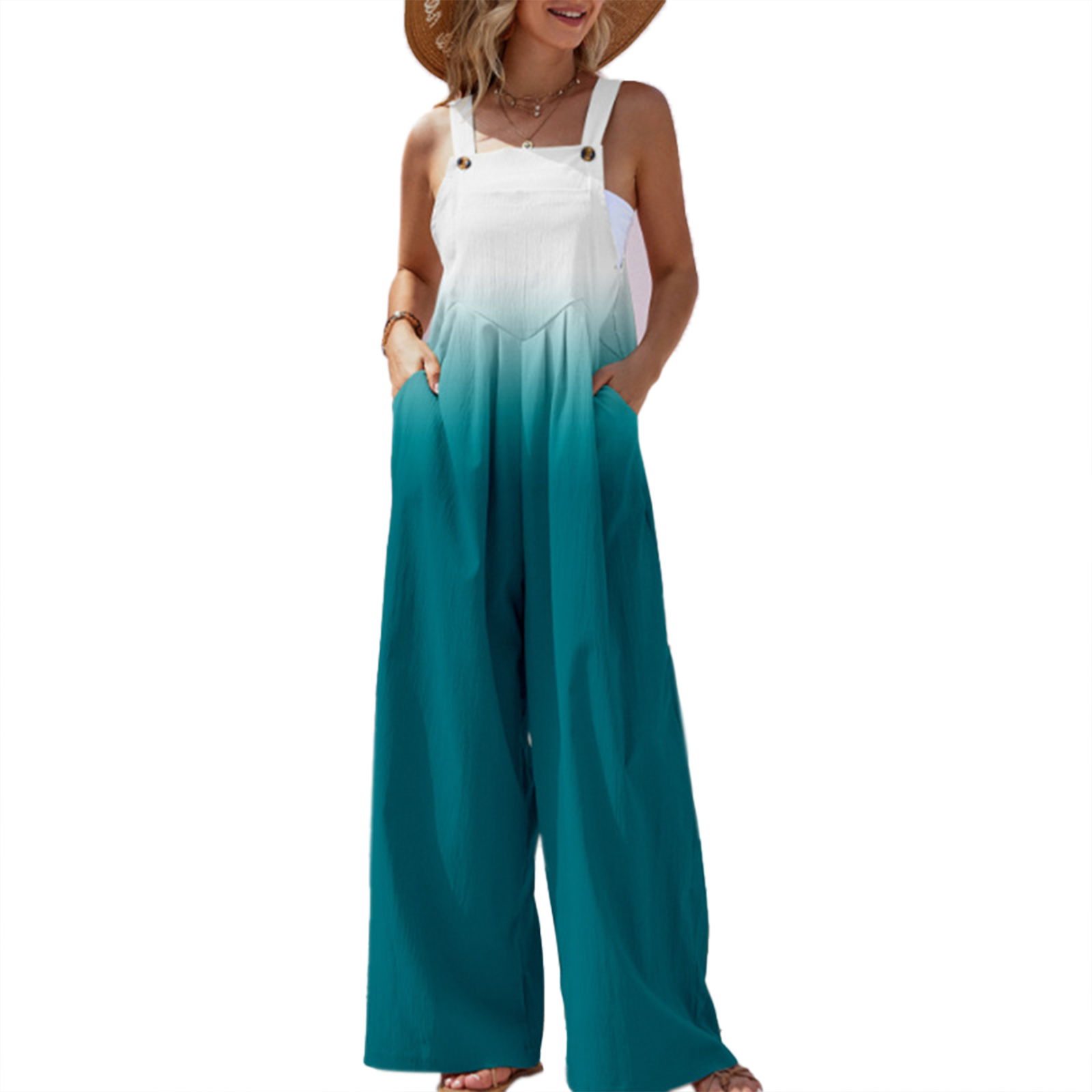 Overalls til kvinder sommer afslappet knapbukser med brede ben og seler, lange overalls med lommer, dameplantebukser