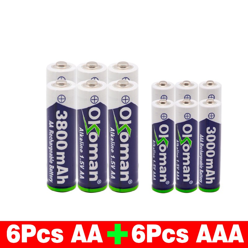 High capacity 1.5V AAA 3000mAh Alkaline Rechargeable battery + 3800 mAh AA Alkaline battery for LED light toy clock MP3 player: White
