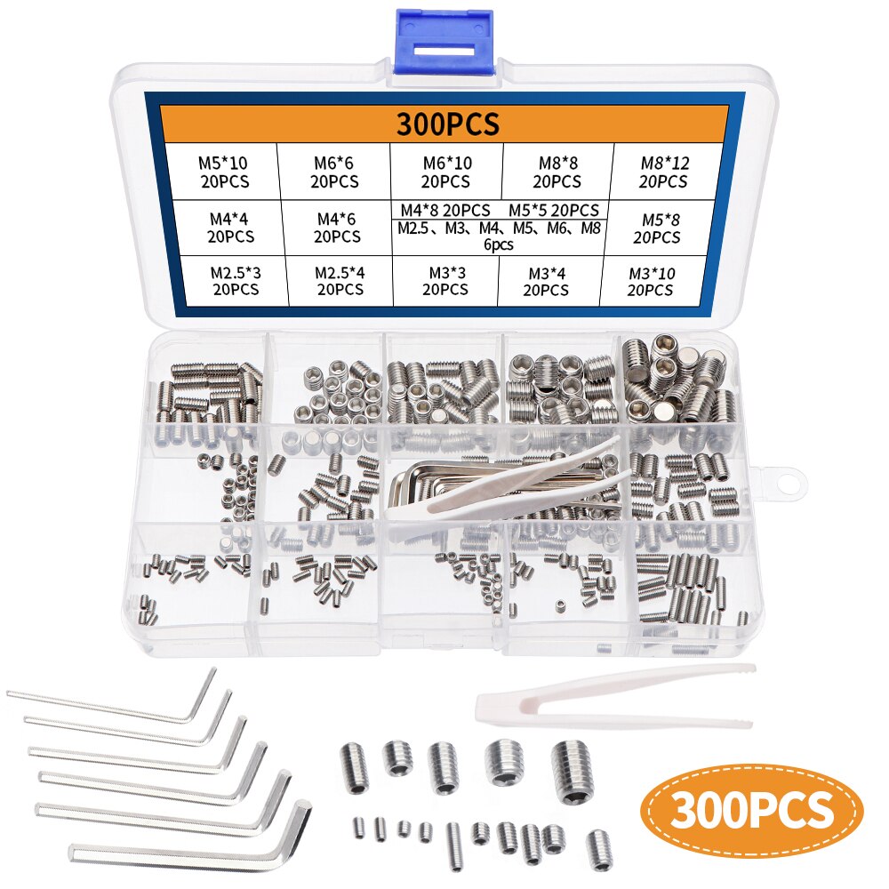 300pcs Hexagon Socket Head Bolts M2.5 M3 M4 M5 M6 M8 Stainless Steel Assortment Kit With 6 Wrenches and 1 Tweezers In A Box